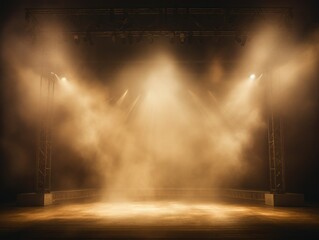 Beige stage background, beige spotlight light effects, dark atmosphere, smoke and mist, simple stage background, stage lighting, spotlights