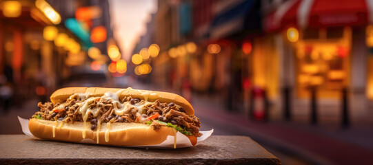 Hearty hot dog against street food cafes background - obrazy, fototapety, plakaty