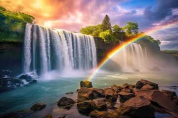 Majestic waterfall surrounded by lush greenery, with a stunning rainbow forming in the mist at sunset. - 785094104