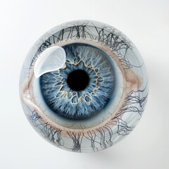 Detailed macro shot of a human eye, showcasing the iris and blood vessels. - obrazy, fototapety, plakaty