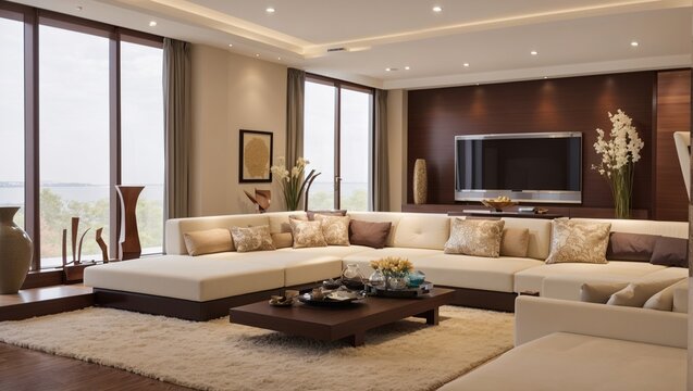 A living room with a large couch, rug, coffee table, and decorations on the wall.

