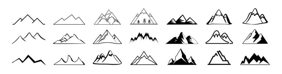 Mountains icon vector set. Rocky peaks. Mountains ranges. Black and white mountain icon on transparent background