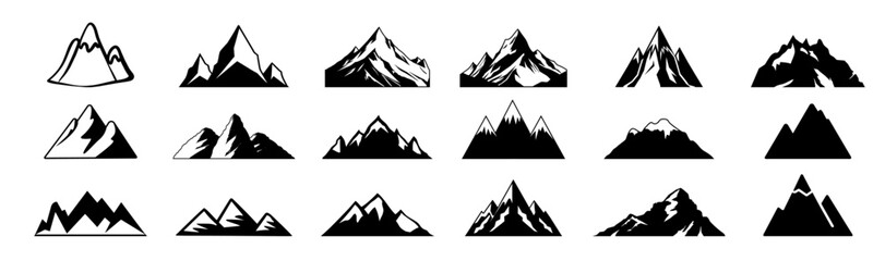 Mountains icon vector set. Rocky peaks. Mountains ranges. Black and white mountain icon on transparent background