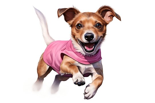 Funny dog isolated on white background. Dog in pink clothes.