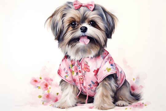 Cute shih tzu dog with pink bow. Watercolor painting
