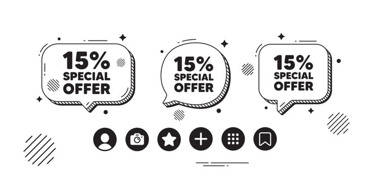 15 percent discount offer tag. Speech bubble offer icons. Sale price promo sign. Special offer symbol. Discount chat text box. Social media icons. Speech bubble text balloon. Vector