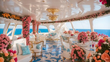 A luxury yacht with a pink floral arrangement.

