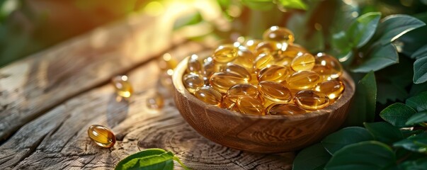 Omega 3 fish oil capsules in wooden bowl on rustic table with green leaves. Healthcare and dietary supplements concept. - obrazy, fototapety, plakaty