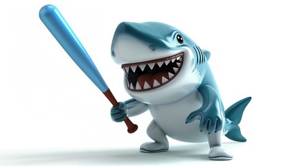 A cute kawaii 3D mascot character design cartoon shark holding a baseball bat.