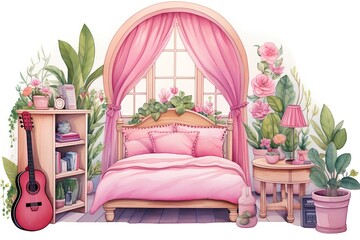 Illustration of a cozy bedroom with a window, a bed, a bouquet of flowers and a guitar.