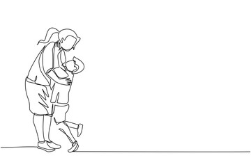 Fototapeta na wymiar one line drawing a mother stands hugging her son a boy is hugged by his mother. a grown woman with pigtails. a career woman comes home from work hugging her son. the happiness of a child is loved by h