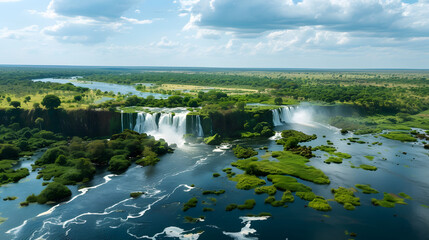 High angle shot of waterfall from above with green forest and river
