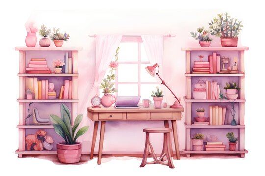 Shelves with books and home plants. Watercolor illustration.