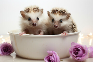 Playful hedgehog babies enjoying their milk in a feeder, contrasting against a pure white background.