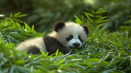 A solitary panda cub playfully rolls on a bed of vibrant bamboo leaves  its fur contrasting against the lush greenery.