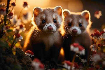 Playful ferrets exploring a garden setting, their inquisitive nature and adorable features highlighted in a delightful HD image. - obrazy, fototapety, plakaty