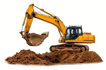 An isolated yellow excavator mid-operation, with its shovel raised above a mound of dirt.