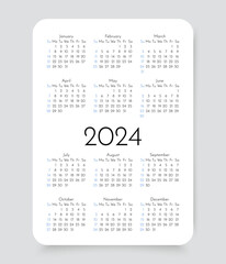 Calendar 2024 year. Calender template. Week starts Sunday. Pocket wall yearly organizer with 12 month in English. Vector illustration. Scheduler layout in simple design. Portrait orientation, A4.
