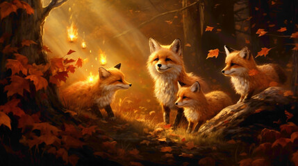 Playful family of red foxes frolicking among autumn leaves, their fiery fur contrasting with the earthy tones of the forest floor. - obrazy, fototapety, plakaty