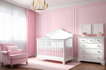 Children's room with white crib and pink curtains. Delicate design of a children's room.