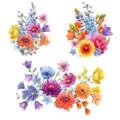 Watercolor summer floral arrangement.Blue,orange,pink,yellow flowers.
