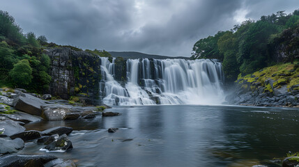 Low angle shot of waterfall from below with blue sky and rainbow
