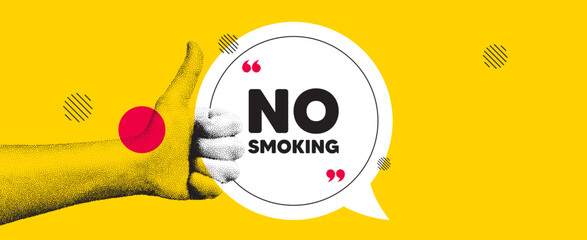Hand showing thumb up like sign. No smoking tag. Stop smoke sign. Smoking ban symbol. No smoking chat bubble message. Grain dots hand. Like thumb up sign. Vector