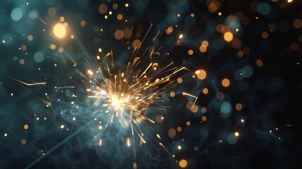 Sparks from a burning sparkler with blue bokeh lights. Festive firework concept for celebrations. - obrazy, fototapety, plakaty