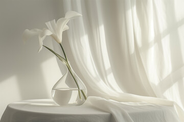 Delicate calla lily arrangement in a clear glass vase with soft curtain backdrop.