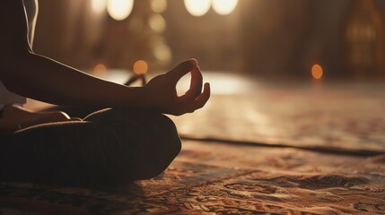 A person is sitting on the floor with their hands on their knees. Concept of calmness and...
