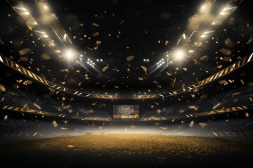 Black background, lights and golden confetti on the black background, football stadium with spotlights, banner for sports events