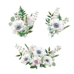 Watercolor arrangements with white flowers.