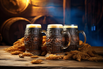 Generative ai on theme of foamy German beer in large glass mug for celebration holiday Oktoberfest