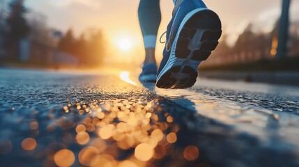 Close-up of runner's feet on a wet pavement reflecting the golden sunrise in a tranquil city environment.