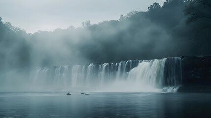 Misty morning shot of waterfall with fog in nature landscape