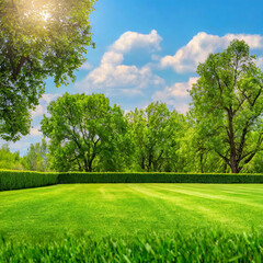 Beautiful blurred background image of spring nature with a neatly trimmed lawn 