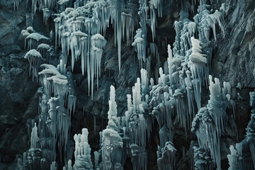 Generative ai on theme of a large beautiful sharp stalactites hanging down from deep mountain cave - obrazy, fototapety, plakaty