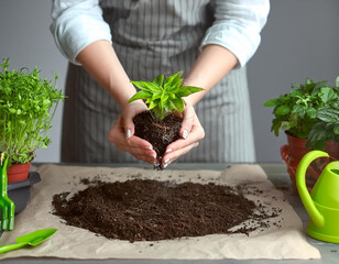 Gardening house. Girl replanting green pasture in home garden. Indoor garden, plant banner 