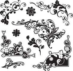 Vintage floral ornamental luxury designs set. Baroque page decorative corners, royal filigree ornaments, wedding invitation retro swirl designs,. Extremely clean vector graphics, vinyl and laser ready