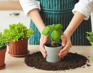 Gardening house. Girl replanting green pasture in home garden. Indoor garden, plant banner 