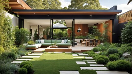 A modern house with a green yard and a pool

 - obrazy, fototapety, plakaty