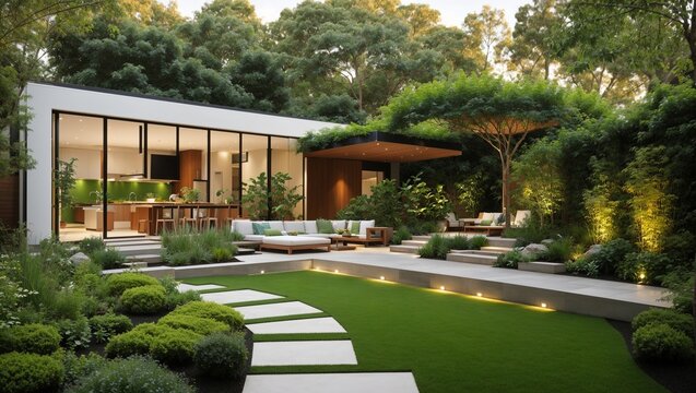 A modern house with a green yard and a pool

