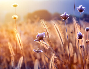 Meadow flowers in early sunny fresh morning. Vintage autumn landscape background. 