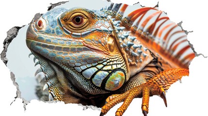 Fototapeta premium An iguana pokes its head through a hole in a white background wall.