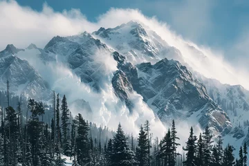  Generative ai on theme of descent of an huge avalanche from the mountain, winter nature landscape © oleg525