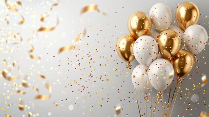 Banner of celebration featuring balloons and gold confetti