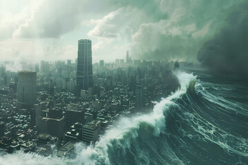Generative ai on theme of a scary tsunami with huge foamy wave, apocalyptic dramatic background - obrazy, fototapety, plakaty
