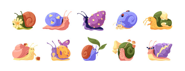 Cute snail characters set. Different slugs with patterned coiled shells. Snailfishes with various emotions, facial expression. Happy, sad, angry gastropods. Flat isolated vector illustration on white © Paper Trident