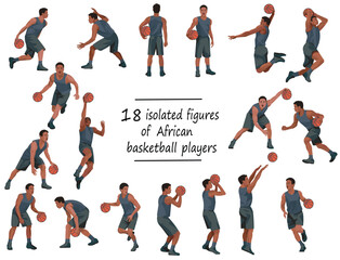 18 African basketball players in black uniforms standing with the ball, running, jumping, throwing, shooting, passing the ball