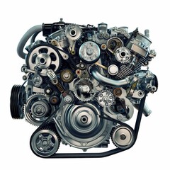 Highly detailed car engine illustrating complex mechanical components and engineering design.